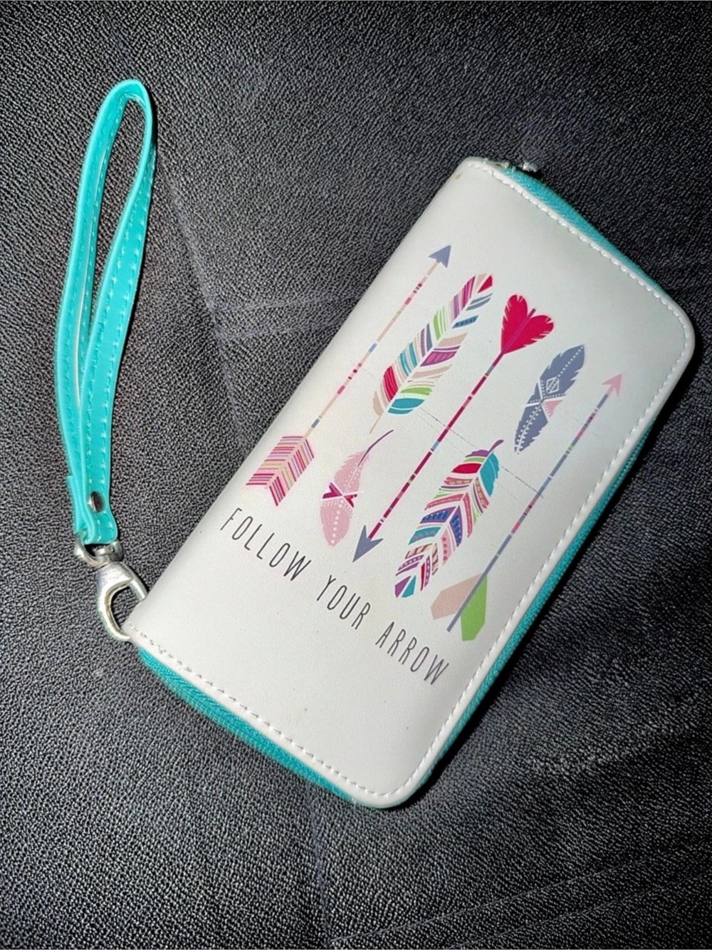 claire's Follow Your Arrow Zip Around Wristlet Wallet White & Turquoise